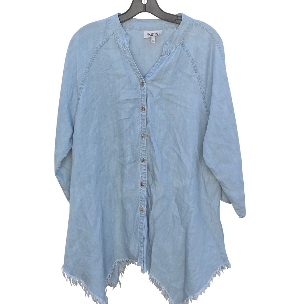 Hester & Orchard Womens Blue Slouch  Western Chic Tunic Top Large Boho Fringe
